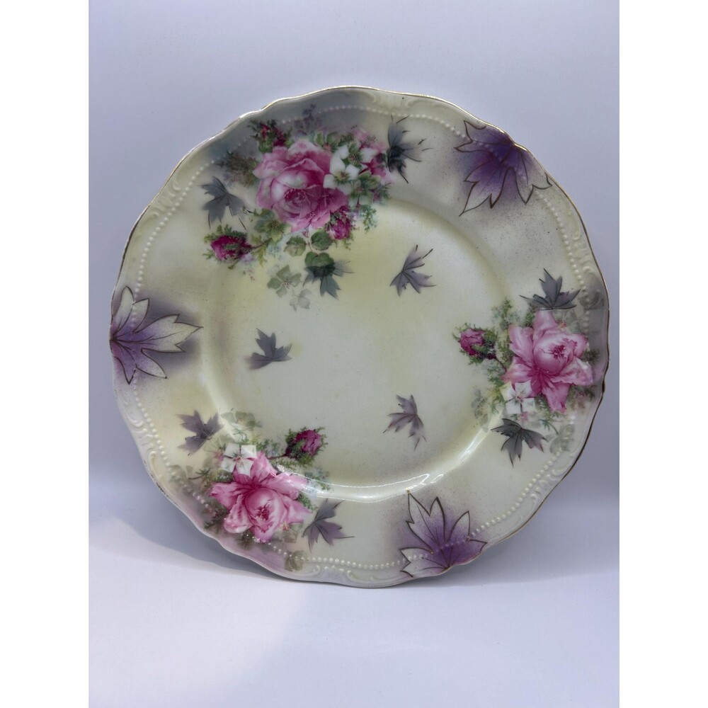 Porcelain Charger Pink Rose Pattern Beaded Plate Made in Germany